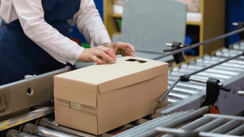 Packing conveyor. The hands of the packer pack the goods into the box.